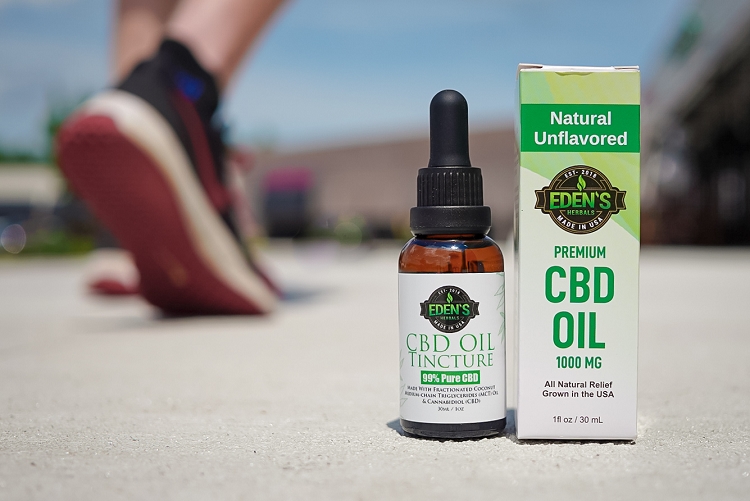 Feet running by a tincture of CBD Oil from Eden's Herbals