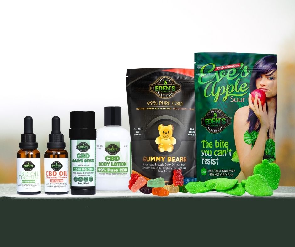 A variety of Eden's Herbals CBD products ranging from CBD oil to CBD gummies to CBD topicals