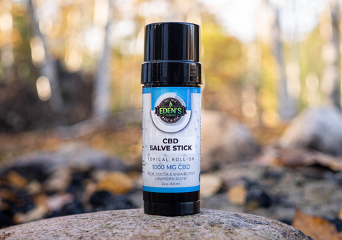 CBD salve stick from edens herbals sitting on a rock in a sunny forest