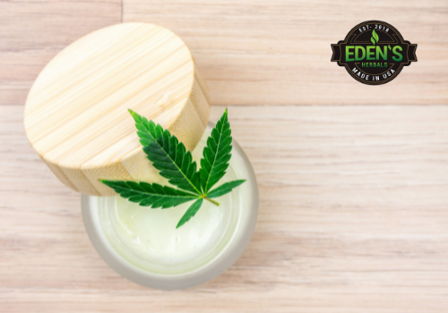 Jar of eczema CBD cream with hemp leaf