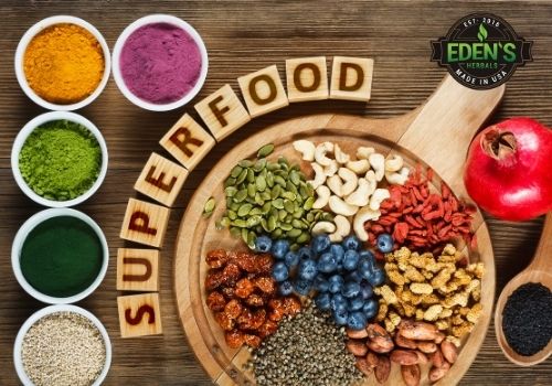 Various superfood combinations on table