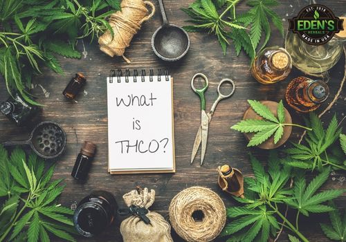 note pad saying "what is THCO?" surrounded by herbs and hemp