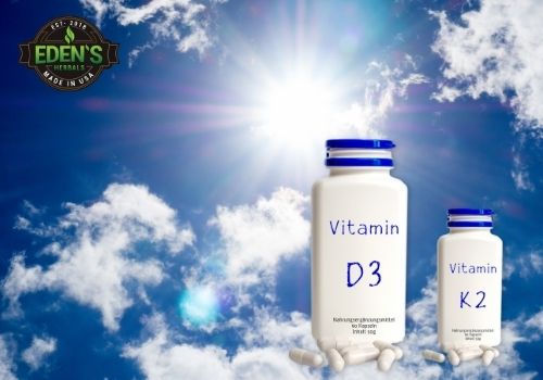 Vitamin D3 and K2 with sunny sky background