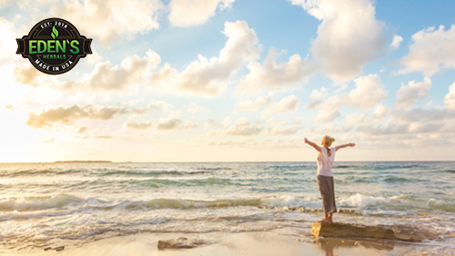 Woman standing on ocean shore practicing gratitude for holistic lifestyle