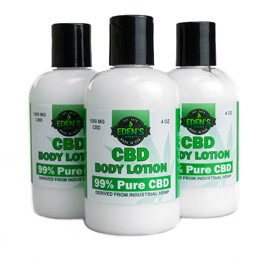 Three bottles of CBD body lotion from Eden's Herbals