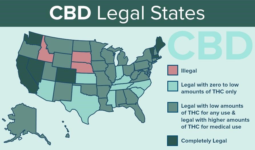 Map showing in which US states CBD is legal or not