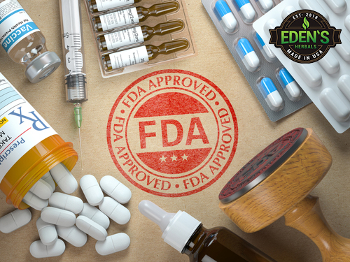 FDA stamp of approval with drugs and supplements scattered around it