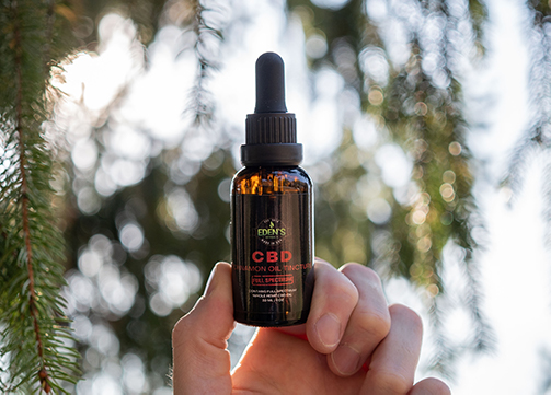 Hand holding up tincture of cinnamon flavored full spectrum CBD oil from Eden's Herbals with tree in background