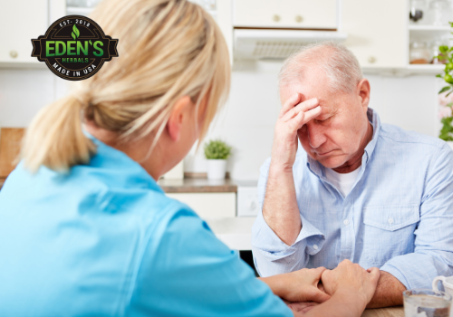 Old man with alzheimer's talking to doctor about using CBD