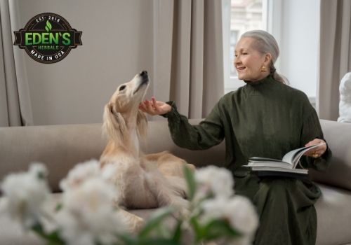 Older woman with dog on couch