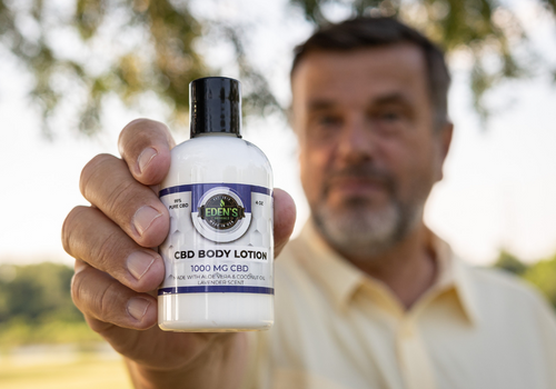 Older man holding a bottle of cbd lotion up to the camera