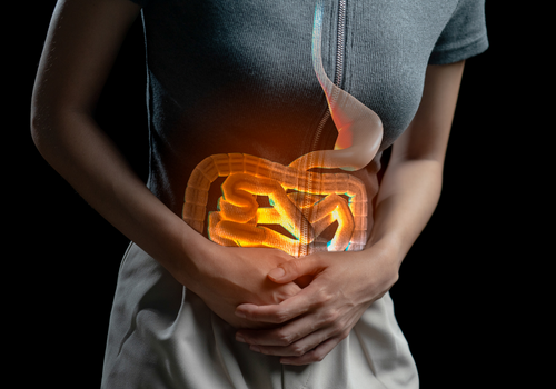 Woman clutching upset stomach with xray view of intestines