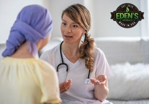 Doctor consulting cancer patient about using CBD for treating effects of chemotherapy