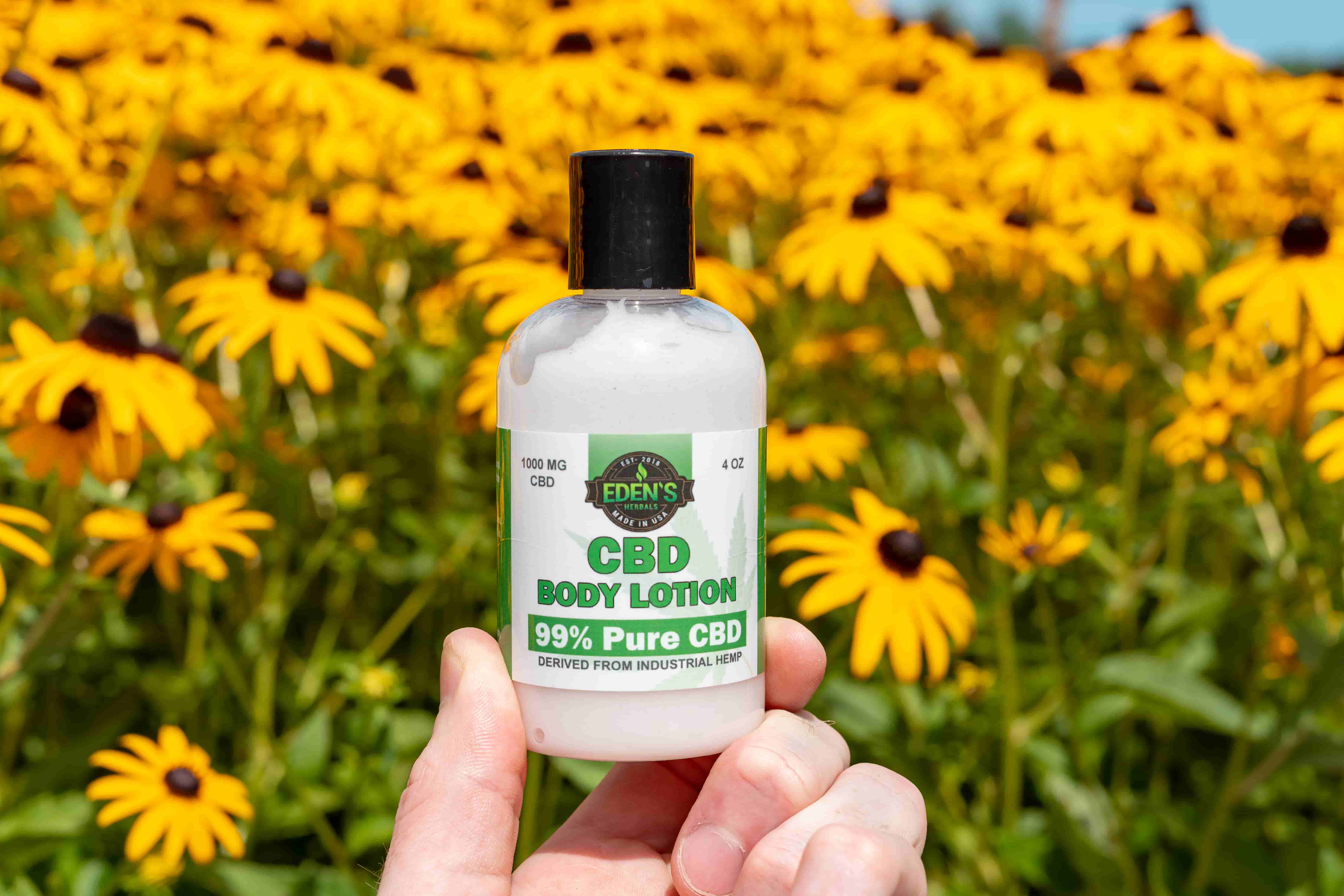 Eden's Herbals CBD Body Lotion being held up in front of a field of flowers