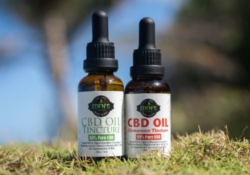 THC free cbd oil tinctures in unflavored and cinnamon displayed in natural setting